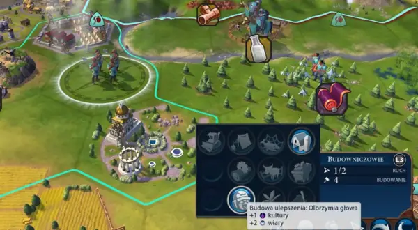 Gra Civilization VI, poradnik budowniczego. Widok mapy z jednostkami i budynkami.