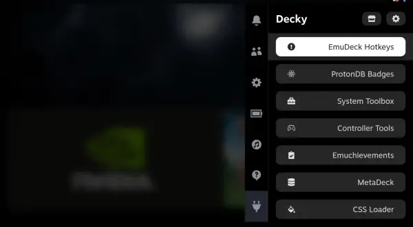 Menu Decky z opcjami: EmuDeck Hotkeys, ProtonDB Badges, System Toolbox, Controller Tools, Emuchievements, MetaDeck, CSS Loader.