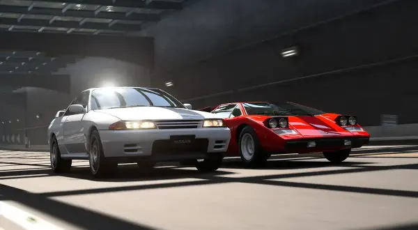 Biały Nissan i czerwony Lamborghini ścigają się w Gran Turismo 8.