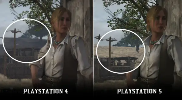 Porównanie grafiki Red Dead Redemption 2 na PS4 i PS5. Kobieta w białej koszuli i kamizelce na tle wiejskiego krajobrazu.