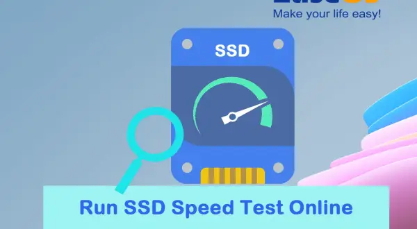Grafika przedstawia ikonę dysku SSD z prędkościomierzem, lupę i napis "Run SSD Speed Test Online".