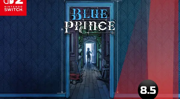 Okładka gry "Blue Prince" na Nintendo Switch. Wąski korytarz z otwartymi drzwiami na końcu, przez które widać postać.