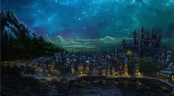 Nocny widok na Waterdeep, miasto z magią w powietrzu. Widać port z żaglowcami, gęsto zabudowane ulice i potężny zamek na wzgórzu.