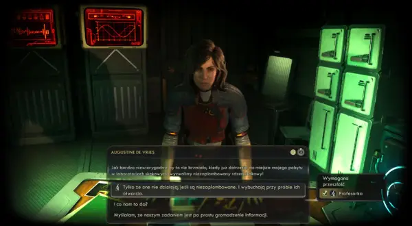 Augustine de Vries w The Outer Worlds 2 analizuje dane. W tle monitory z wykresami i zielone panele.