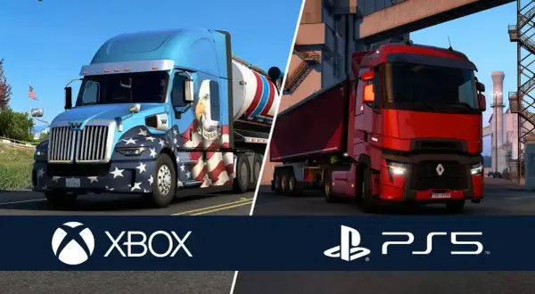 Ciężarówka w amerykańskich barwach i czerwony ciągnik w Euro Truck Simulator 2 na PS5.