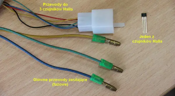 Przewody do 3 czujników Halla i jeden z czujników Halla. Główne przewody zasilające (fazowe) są podłączone do złączki.