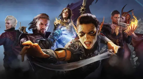Postacie z Baldur's Gate 4: groźna goblinica, czarodziejka, mężczyzna z mocą i demonica z ogniem.