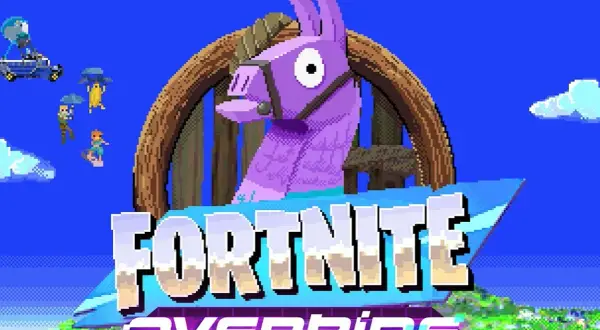 Fortnite nowy sezon Override. Fioletowa lama i gracze na spadochronach w pikselowym stylu.