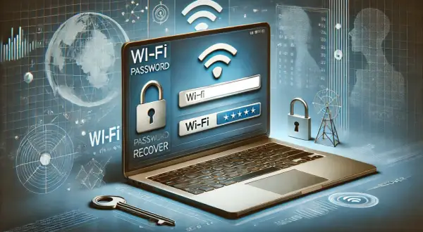 Jak sprawdzić hasło do Wi-Fi? Laptop z ekranem pokazującym okno logowania do sieci Wi-Fi, z ikonami zamków i kluczem.