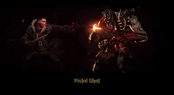 Bohater z **Darkest Dungeon 2** strzela z pistoletu do potwora.