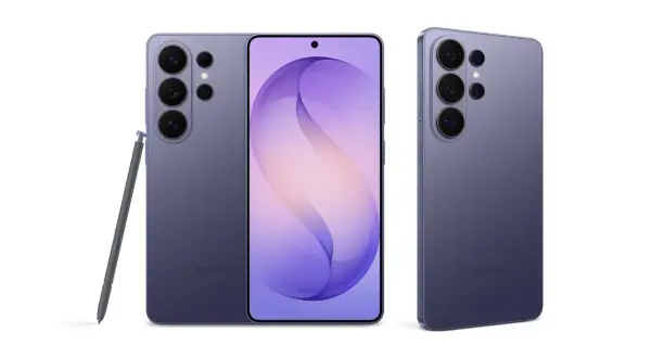 Fioletowy Samsung S26 z rysikiem, gotowy na premierę. Trzy aparaty z tyłu i elegancki design.