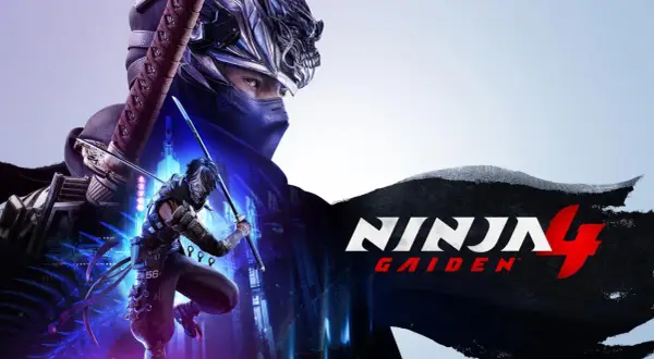 Ryu Hayabusa w akcji, gotowy do walki w Ninja Gaiden 4. Dynamiczna grafika z mieczami i neonowym miastem w tle.