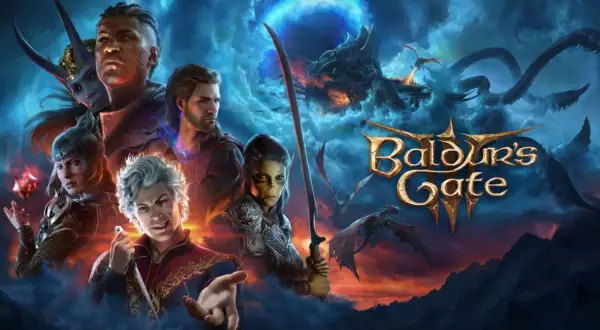 Postacie z Baldur's Gate 3, w tym demoniczna istota, wojownik i czarodziejka, stoją na tle mrocznego nieba z smokami i logo gry.