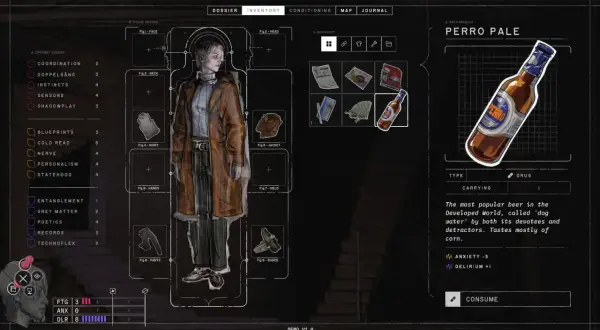 Interfejs gry Disco Elysium: postać, ekwipunek, statystyki i opis piwa Perro Pale. Poradnik Disco Elysium.