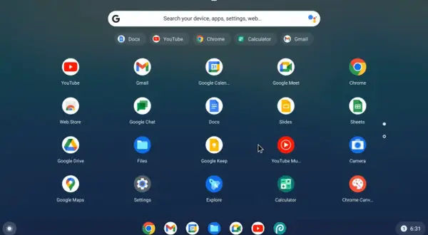 Ekran startowy systemu **Chrome OS** z ikonami aplikacji Google: YouTube, Gmail, Kalendarz, Meet, Chrome, Sklep Play, Dokumenty, Arkusze i inne.