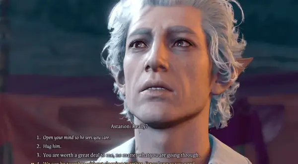 Astarion z Baldur's Gate 3, z pytaniem "Really?", oferuje wsparcie i bliskość.