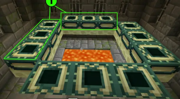 Aktywny portal do endu w Minecraft, otoczony ramkami z lawą w środku.