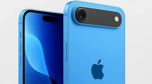 Niebieski iPhone 17 Air z minimalistycznym modułem aparatu i logo Apple.