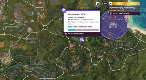 Mapa Forza Horizon 5 z zaznaczonymi zaginionymi autami. Znaleziono 3 z 14 Dodge Viper GTS ACR.
