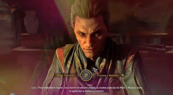 Juan z Dying Light 2: Zakonczenia, oferuje pomoc. Jego twarz jest poważna, a w tle widać przedmioty.