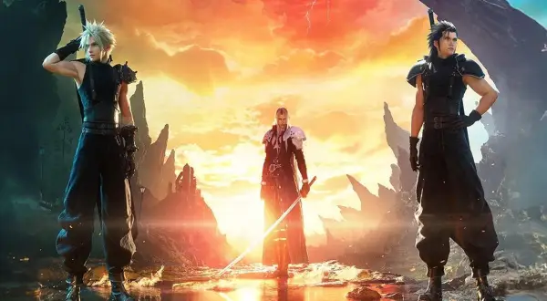 Chmurny krajobraz i trzej bohaterowie, w tym Cloud i Zack, w epickiej scenie z Final Fantasy 7 Rebirth.
