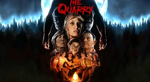 Grupa młodych ludzi przy ognisku, nad nimi groźne twarze i tytuł "The Quarry". Ich wybory zadecydują o przetrwaniu.