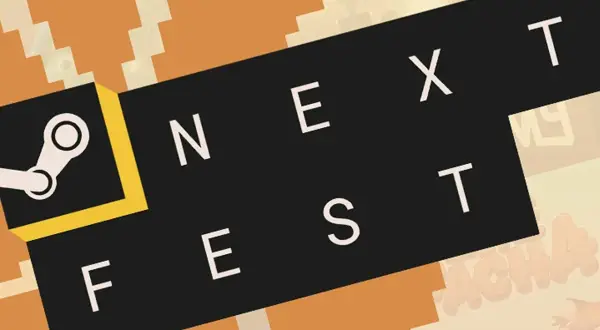 Logo Steam i napis "NEXT FEST" na czarnym tle. Czekamy na nowe gry!