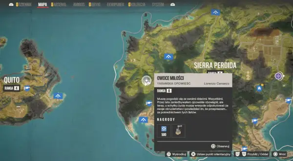 Mapa Far Cry 6 z zaznaczonym zadaniem "Owoce miłości" w regionie Sierra Perdida.