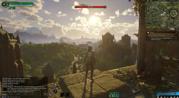 Postać w grze MMORPG Ashes of Creation stoi na murze, podziwiając ruiny i góry. Słońce przebija się przez chmury.