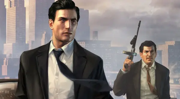 Dwóch mężczyzn w garniturach na tle miasta. Jeden trzyma pistolet maszynowy. To scena z gry Mafia 2, idealna do poradnika.