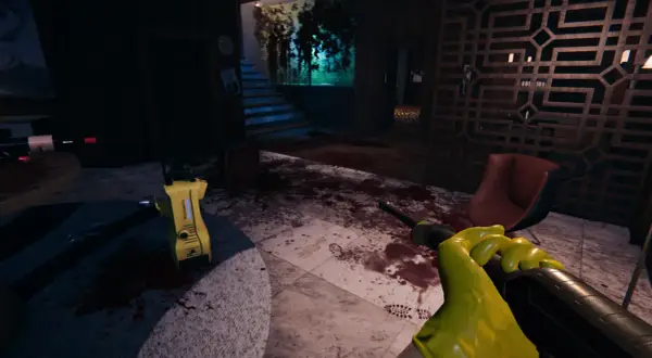 Ręka w żółtej rękawiczce trzyma narzędzie, gotowa do pracy jako **crime scene cleaner** w zalanym krwią wnętrzu.