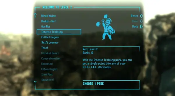 Wybór umiejętności "Intense Training" w Fallout 3 poradnik. Pozwala na zwiększenie atrybutów S.P.E.C.I.A.L.