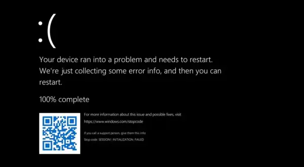 Smutna buźka na czarnym ekranie. Komputer napotkał problem i potrzebuje restartu. Kod błędu: SESSION1_INITIALIZATION_FAILED.