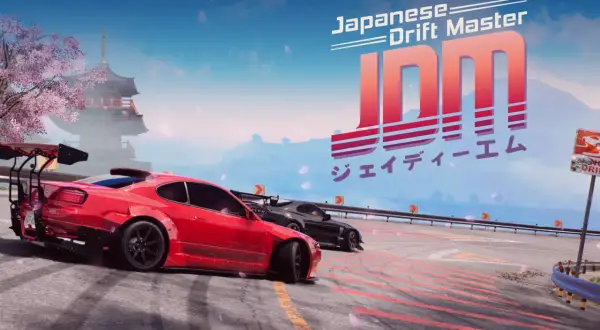 JDM Japanese Drift Master: czerwony i czarny samochód driftują na torze, w tle japońska pagoda i kwitnąca wiśnia.