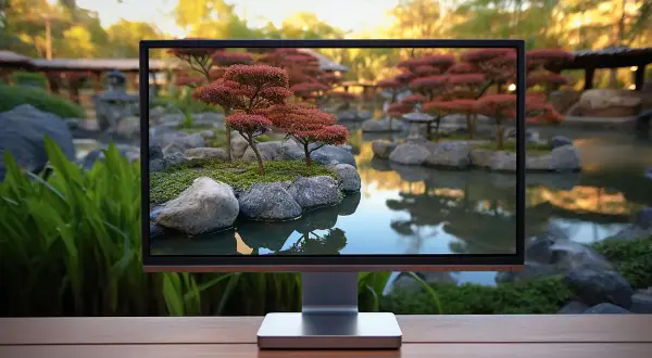 Monitor wyświetla japoński ogród w jakości 4k ultra hd. Widać stawy, kamienie i drzewka bonsai.
