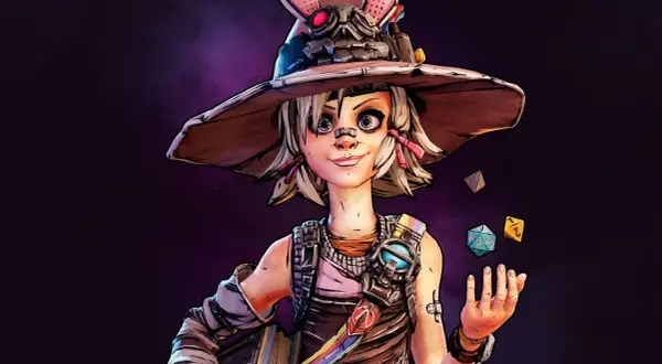 Tiny Tina, w swoim charakterystycznym kapeluszu z króliczymi uszami, rzuca kośćmi do gry.