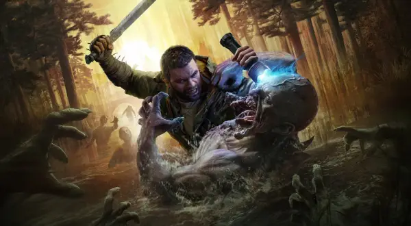 Aiden walczy z potworem w wodzie, otoczony przez zombie. Ten obraz to fragment poradnika Dying Light 2.