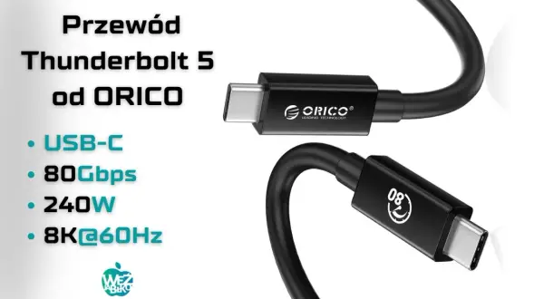 Kabel Thunderbolt 5 od ORICO z wejściem typu C, obsługujący 80Gbps, 240W i 8K@60Hz.