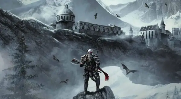 Wojownik z toporem na tle zimowych gór i zamków, idealny dla fanów gier podobnych do Skyrim.