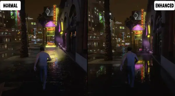 Porównanie grafiki GTA V: "Normal" vs "Enhanced". Lepsza jakość i detale w wersji "Enhanced" mogą sugerować wyższe gta 5 wymagania.