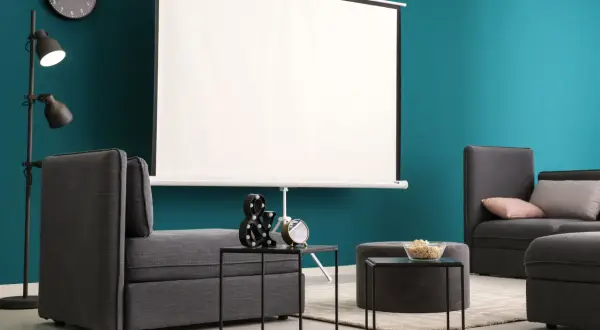 Nowoczesny salon z szarymi sofami i dużym ekranem do projektora. Idealne miejsce na domowe kino.