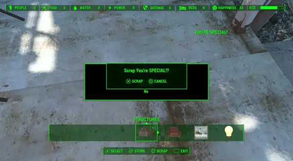 W grze Fallout 4, ekran potwierdzenia "Scrap You're SPECIAL!?" sugeruje, że gracz może chcieć wykorzystać kody, aby odzyskać przedmioty.