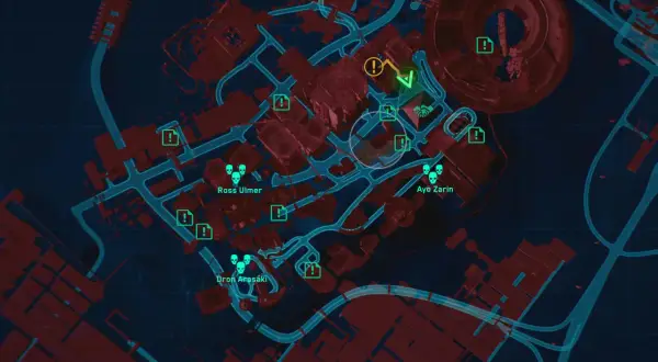 Mapa z gry Cyberpunk 2077. Widoczne znaczniki misji, w tym "Ross Ulmer", "Ayo Zarin" i "Dron Arasaka". To może być kluczowe dla **cyberpunk widmo wolności zakończenia**.
