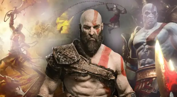 Kratos, bóg wojny, w swoim epickim remake'u. Widzimy go w centrum, z bliznami i groźnym spojrzeniem, otoczonego scenami walki.