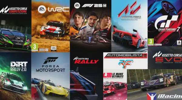 Kolaż okładek gier wyścigowych: Assetto Corsa Competizione, WRC, F1 2020, Gran Turismo 7, Dirt Rally 2.0, Forza Motorsport, Assetto Corsa Rally, Automobilista 2, Assetto Corsa Evo, Le Mans Ultimate, iRacing.