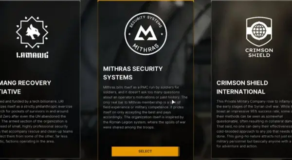 Wybór frakcji w grze: LAMAANG, MITHRAS SECURITY SYSTEMS, CRIMSON SHIELD. Symbole i opisy sugerują świat gry z elementami szarej strefy wojny.