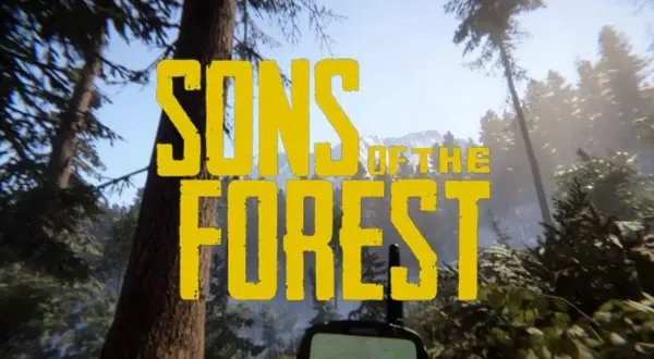 Napis "SONS OF THE FOREST" na tle lasu i gór. Gra survivalowa, która wkrótce pojawi się na Xbox.