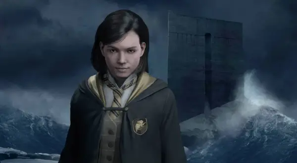 Młoda czarodziejka z Hogwart Legacy Hufflepuff stoi na tle burzliwego morza i tajemniczej budowli.