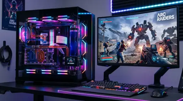 Komputer z podświetleniem RGB i ekranem wyświetlającym grę Arc Raiders.