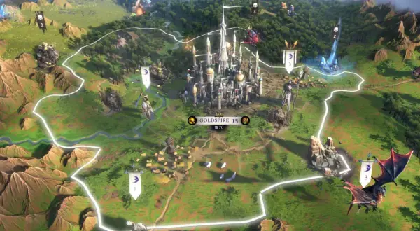 Mapa strategiczna z gry **Age of Wonders**. W centrum majestatyczny zamek, otoczony zielonymi terenami, lasami i górami. Widać jednostki, flagi i punkty kontrolne.